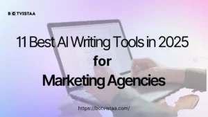 Visual cover promoting 11 best AI writing tools for agencies in 2025, featuring a person typing on a laptop with soft gradient background.
