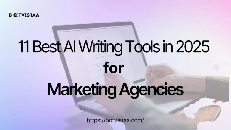 Visual cover promoting 11 best AI writing tools for agencies in 2025, featuring a person typing on a laptop with soft gradient background.