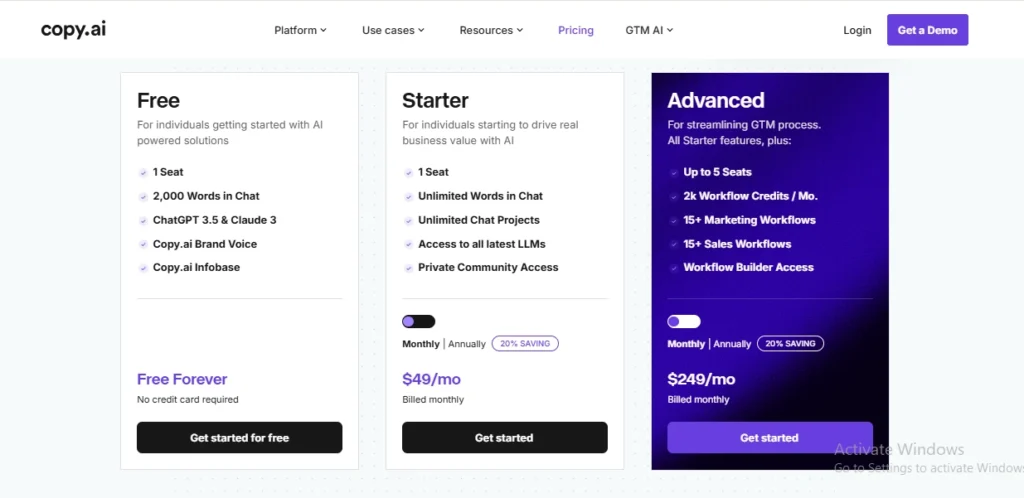 Copy.ai pricing plans for AI writing and GTM automation tools for agencies.