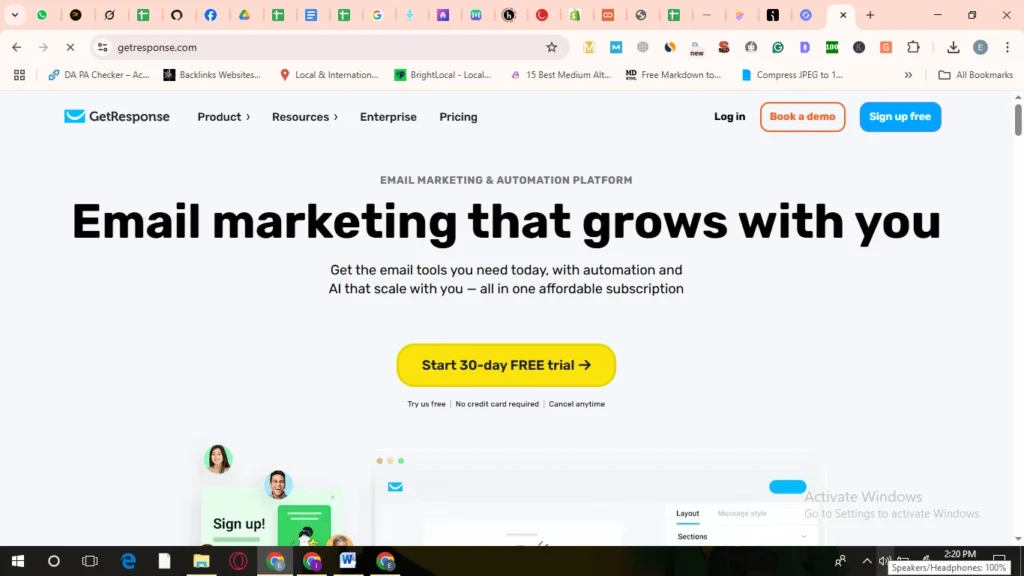 "Homepage screenshot of GetResponse AI email marketing platform offering automation and a free trial option."