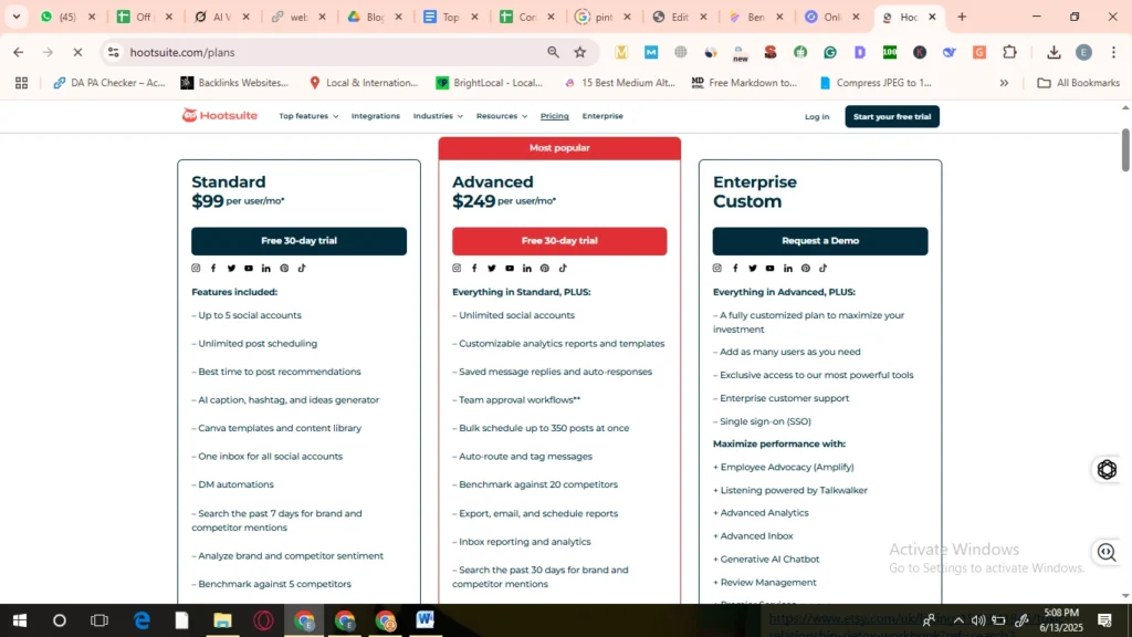 Hootsuite pricing with Standard, Advanced, and Enterprise options, designed for businesses looking to manage social media efficiently.
