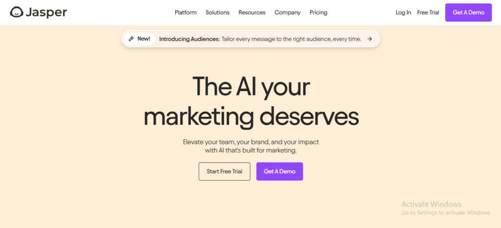 Jasper AI homepage showcasing marketing-focused AI writing tools for agencies.
