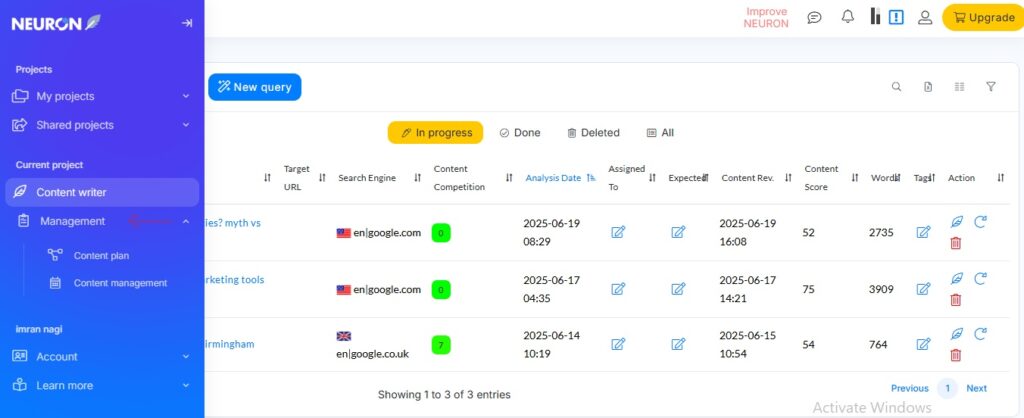 NeuronWriter project management interface displaying the current content queries and progress status.