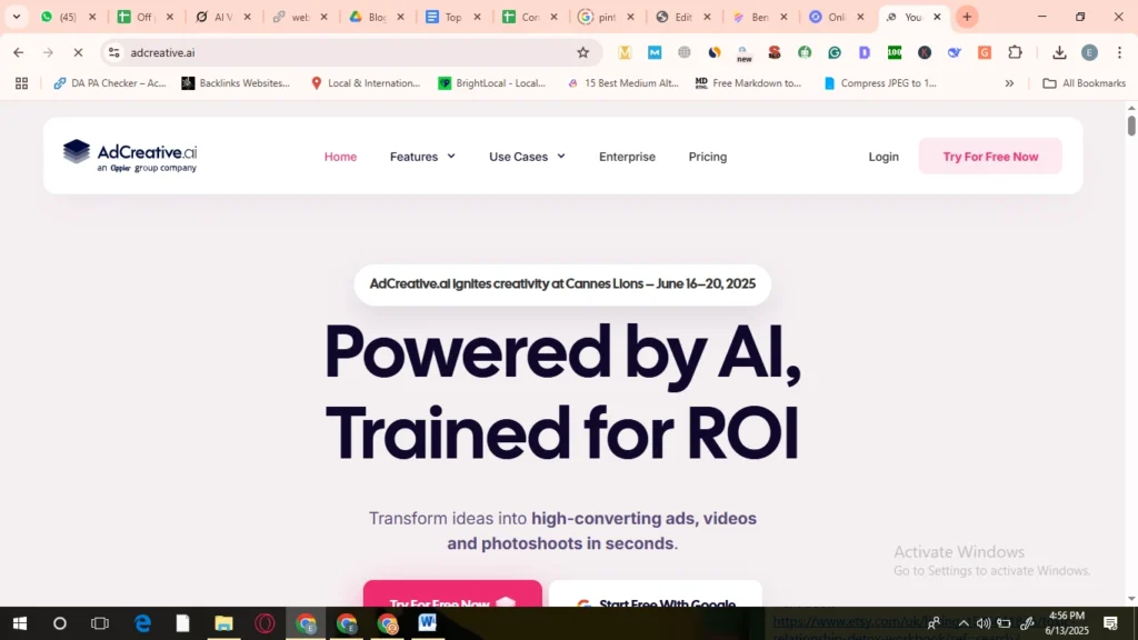 AdCreative.ai platform for AI-generated high-converting ad creatives and marketing campaigns.