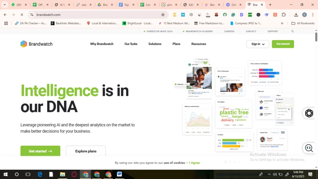 Brandwatch social media analytics with a dashboard showing top topics, sentiment analysis, and real-time posts for brand performance insights.