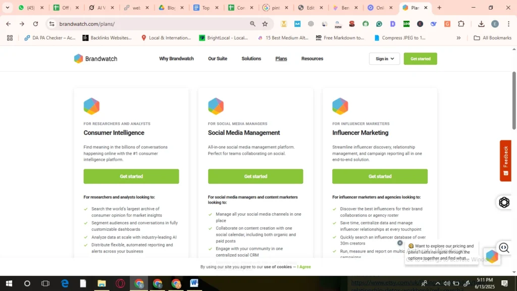Brandwatch pricing plans with options for Consumer Intelligence, Social Media Management, and Influencer Marketing, ideal for marketers and researchers.