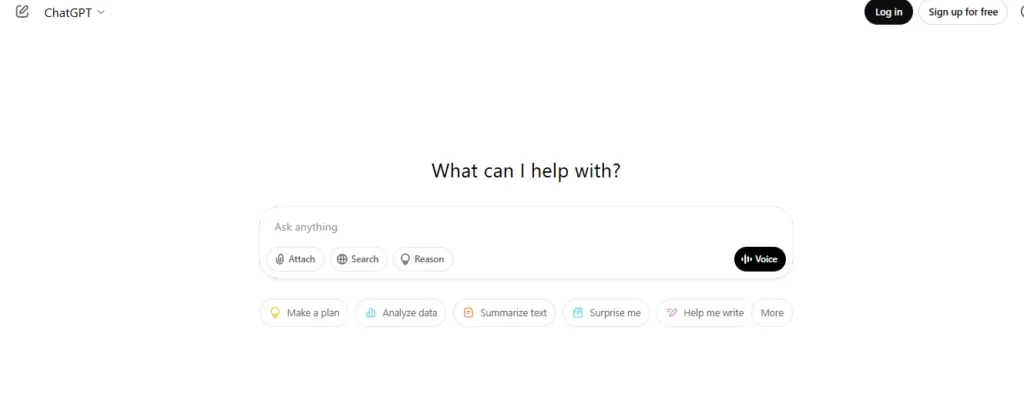 ChatGPT homepage interface for AI-assisted writing and task automation.
