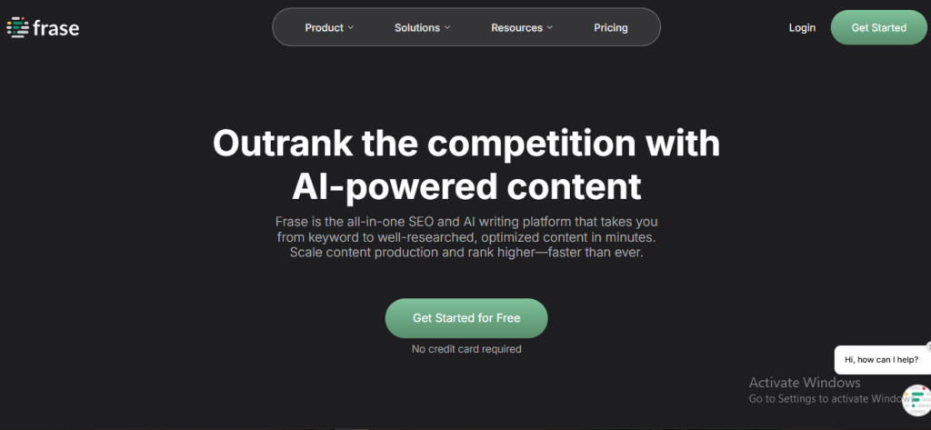 Frase AI writing platform homepage promoting AI-powered content creation for agencies.