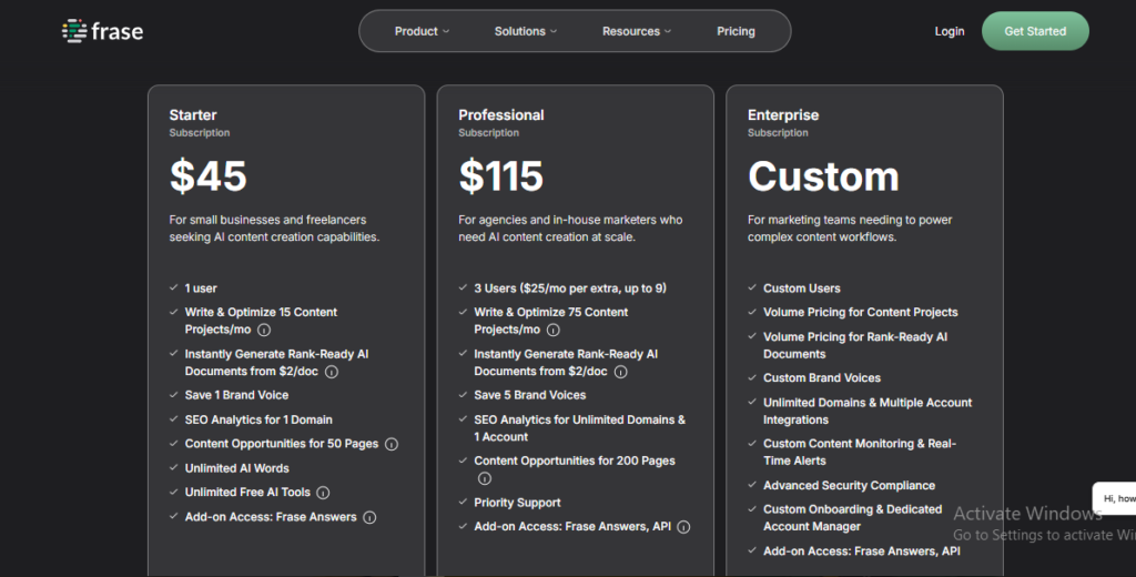 Frase AI writing tool pricing plans for agencies and freelance marketers.