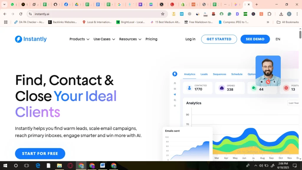 Screenshot of Instantly AI’s homepage showing lead generation and email sequence automation features.