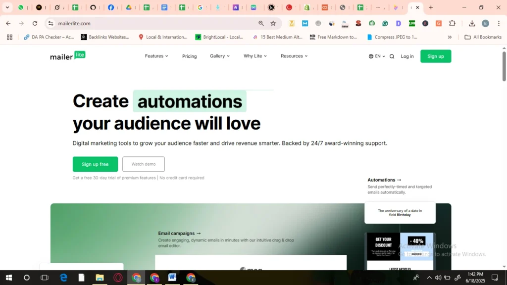 MailerLite homepage promoting AI email marketing tools for agencies automation with sign-up and demo options.