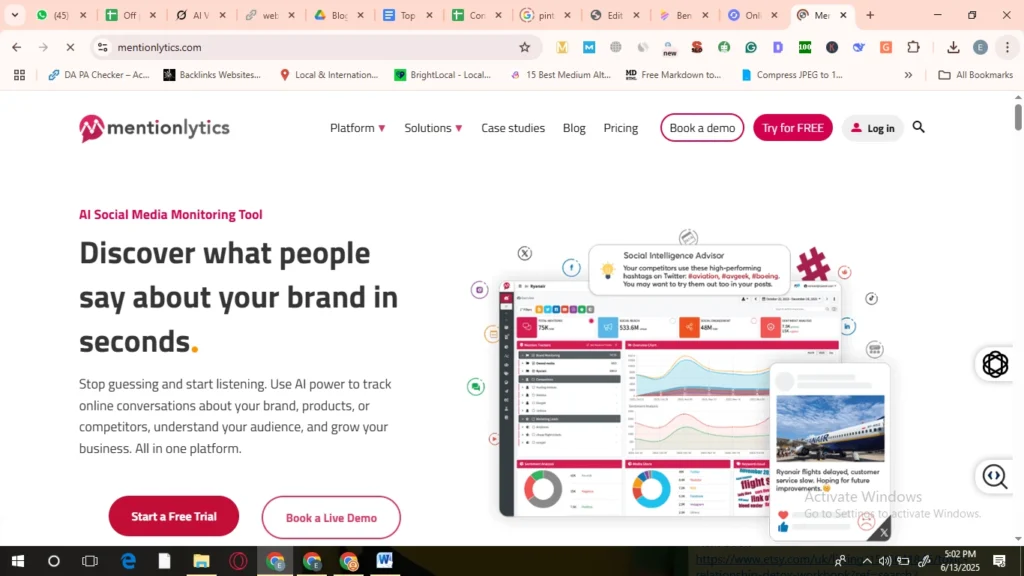 Mentionlytics social media monitoring dashboard with AI-powered features to track brand mentions and audience engagement.