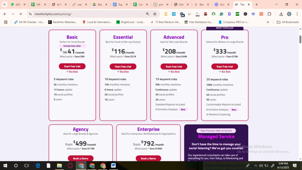 Mentionlytics pricing plans, including Basic, Essential, Advanced, and Pro tiers, showing detailed subscription costs and features.