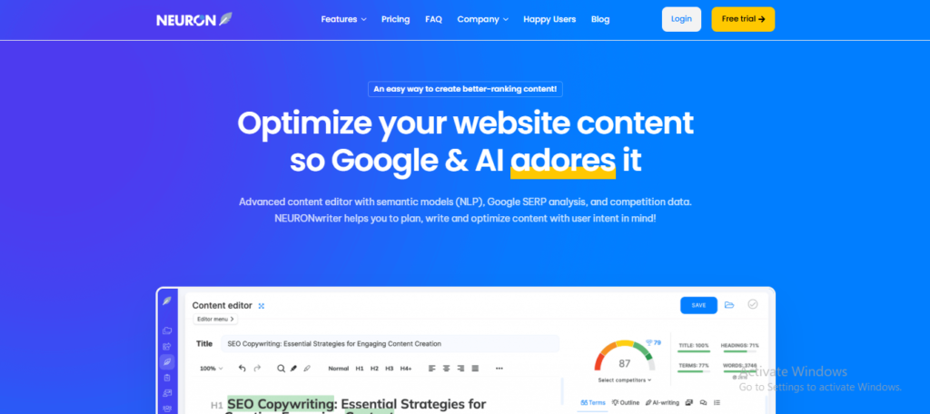 Homepage of NeuronWriter showcasing AI writing tools for agencies with NLP-based content optimization.