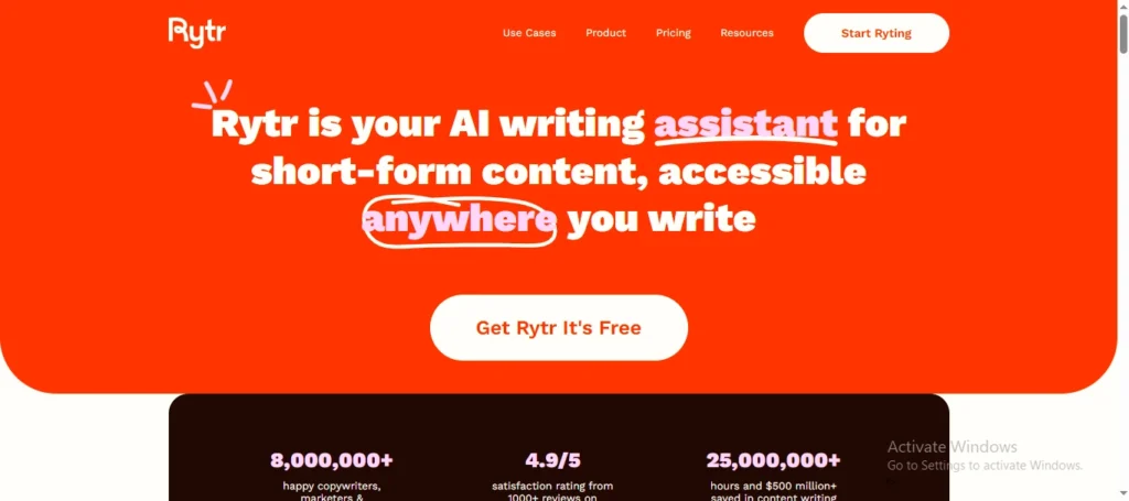 Rytr homepage showcasing AI writing assistant for short-form content creation.