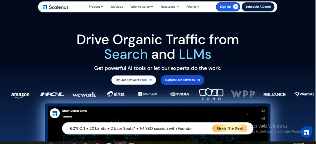 Scalenut homepage showcasing AI SEO tools for agencies to drive organic traffic through search and LLMs, with a focus on expert-driven solutions.