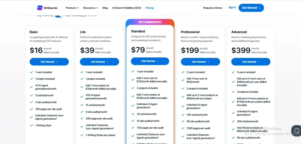 Writesonic pricing options for AI writing tools designed for agencies and teams.