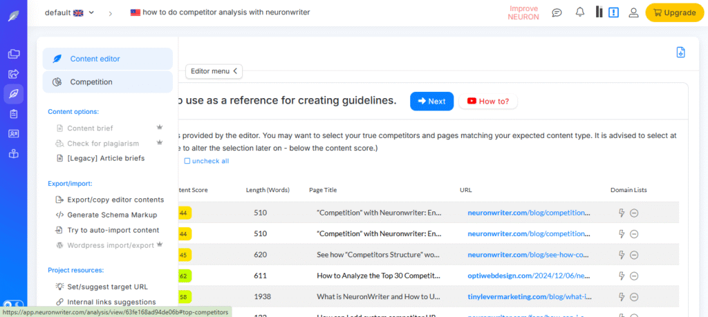 Content editor interface in NeuronWriter showing competitor selection based on Google rank and content score