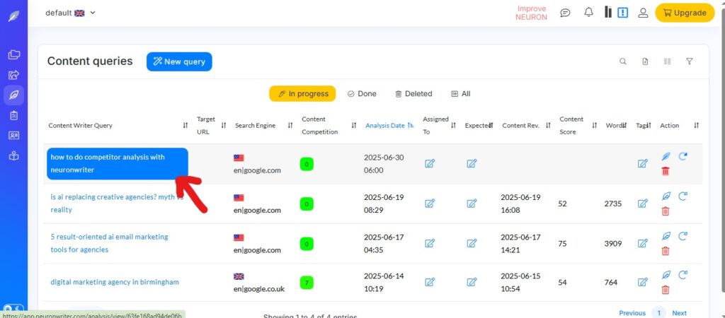 Dashboard showing "How to do competitor analysis with NeuronWriter" content query in progress. select Keyword properly for bettercompetitor analysis.