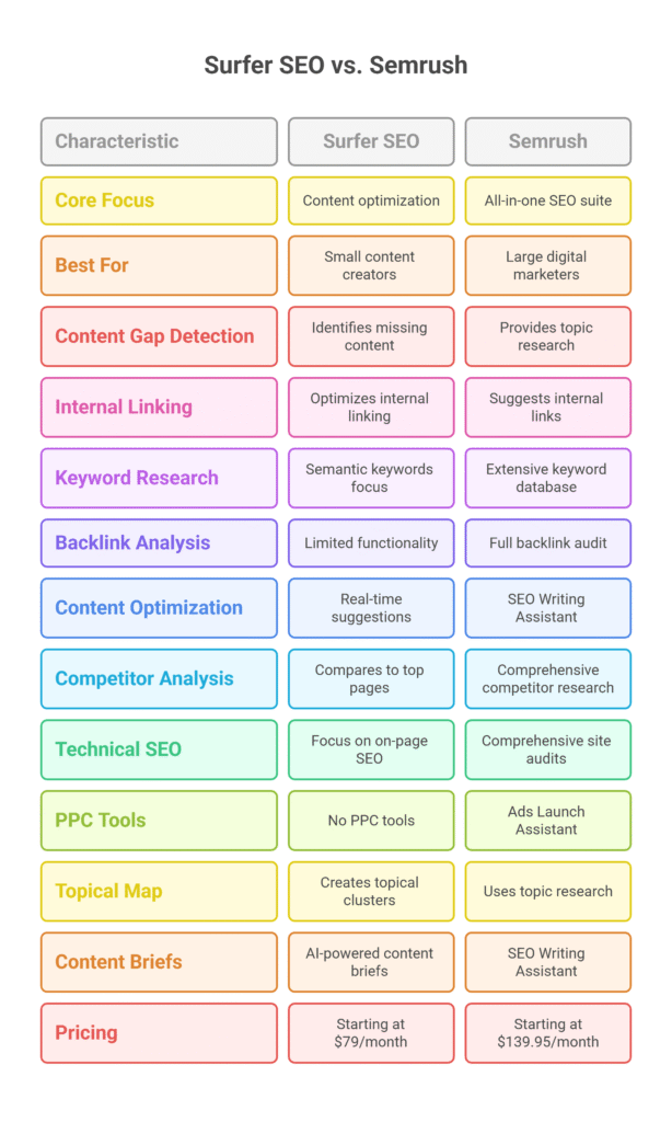 Comparison chart of Surfer SEO vs. Semrush, outlining key features like core focus, keyword research, content briefs, and pricing for both tools.