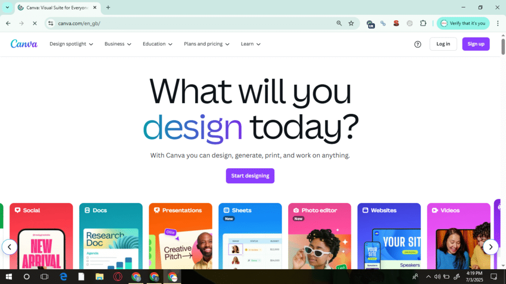 Canva design platform for creating visual content, with tools for presentations, social media posts, and websites