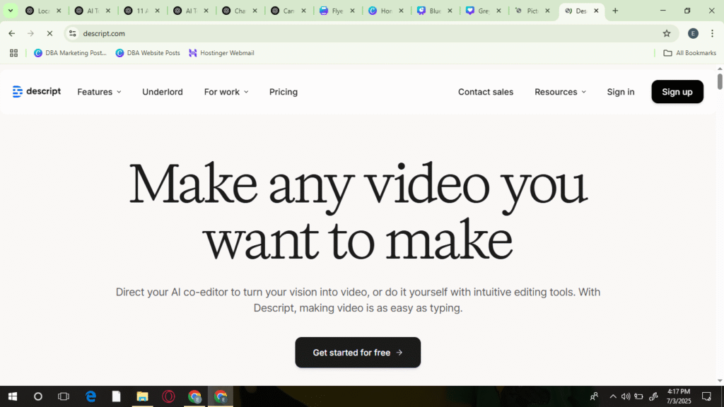 Descript - AI-powered video editing tool for content creators, featured in the 11 free AI tools for startups.