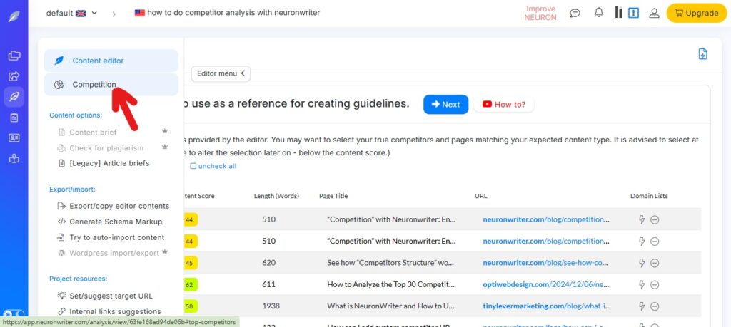 Dropdown menu showing “Competition” tab selected in NeuronWriter’s content editor