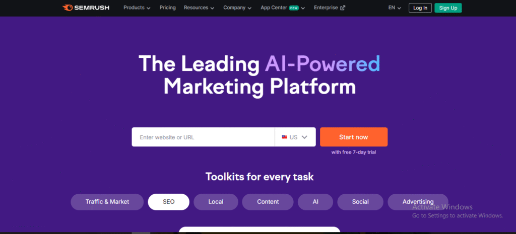 Homepage of Semrush showcasing its AI-powered marketing platform with a search bar and "Start now" button.