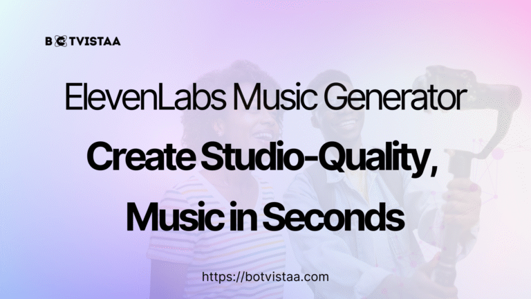 ElevenLabs Music Generator banner showing “Create Studio-Quality Music in Seconds” with two creators filming, Botvistaa logo and website.